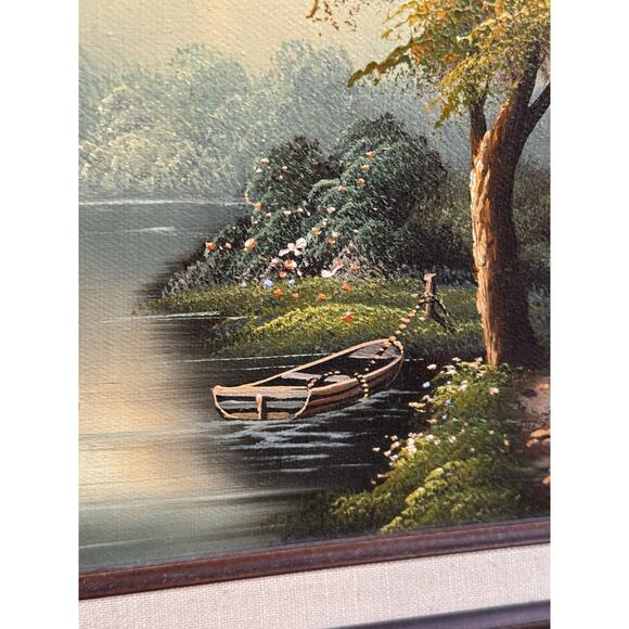 Vintage C. Cushman Original Oil Painting Signed Tree Boat Lake Landscape - Picture 5 of 16
